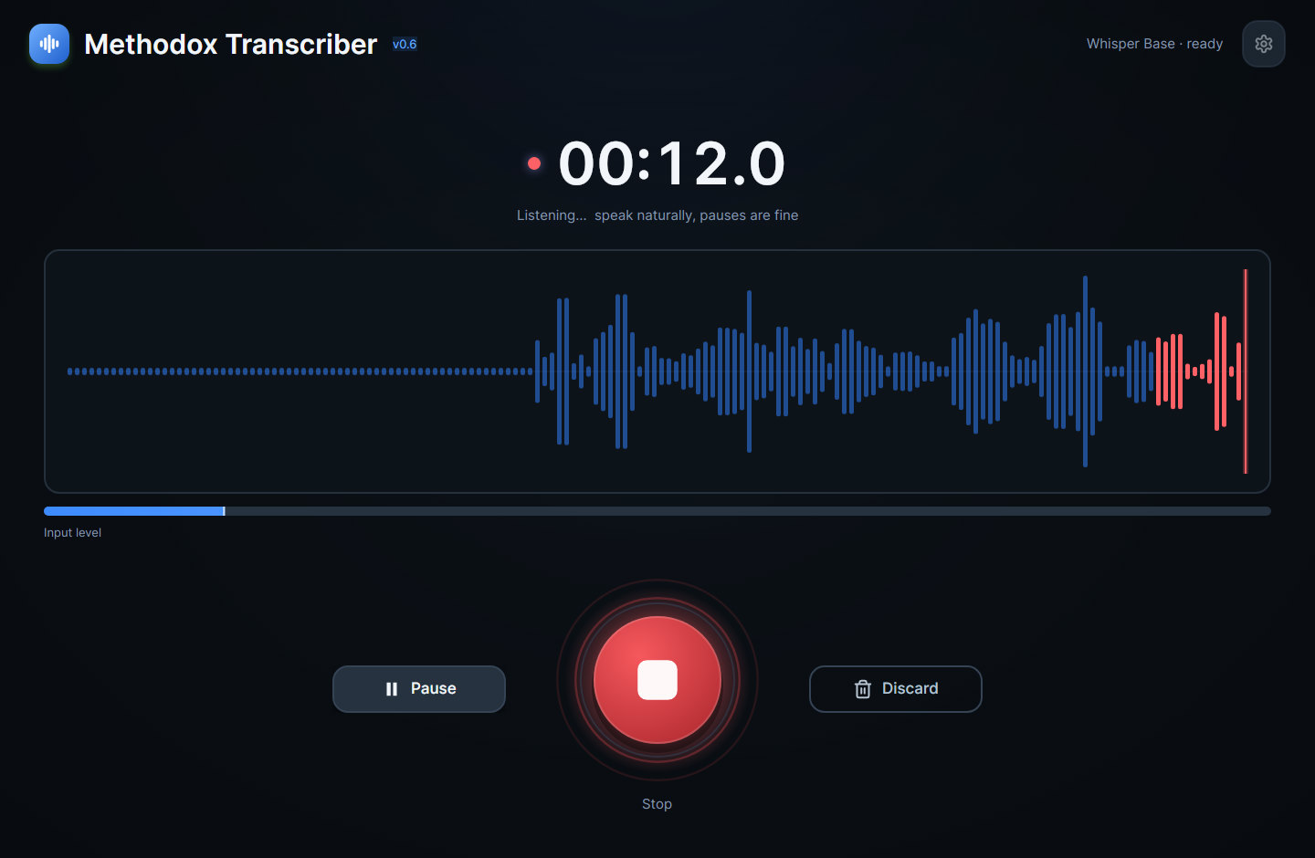 Recording: an elapsed timer, a live waveform, an input level meter and a red stop button