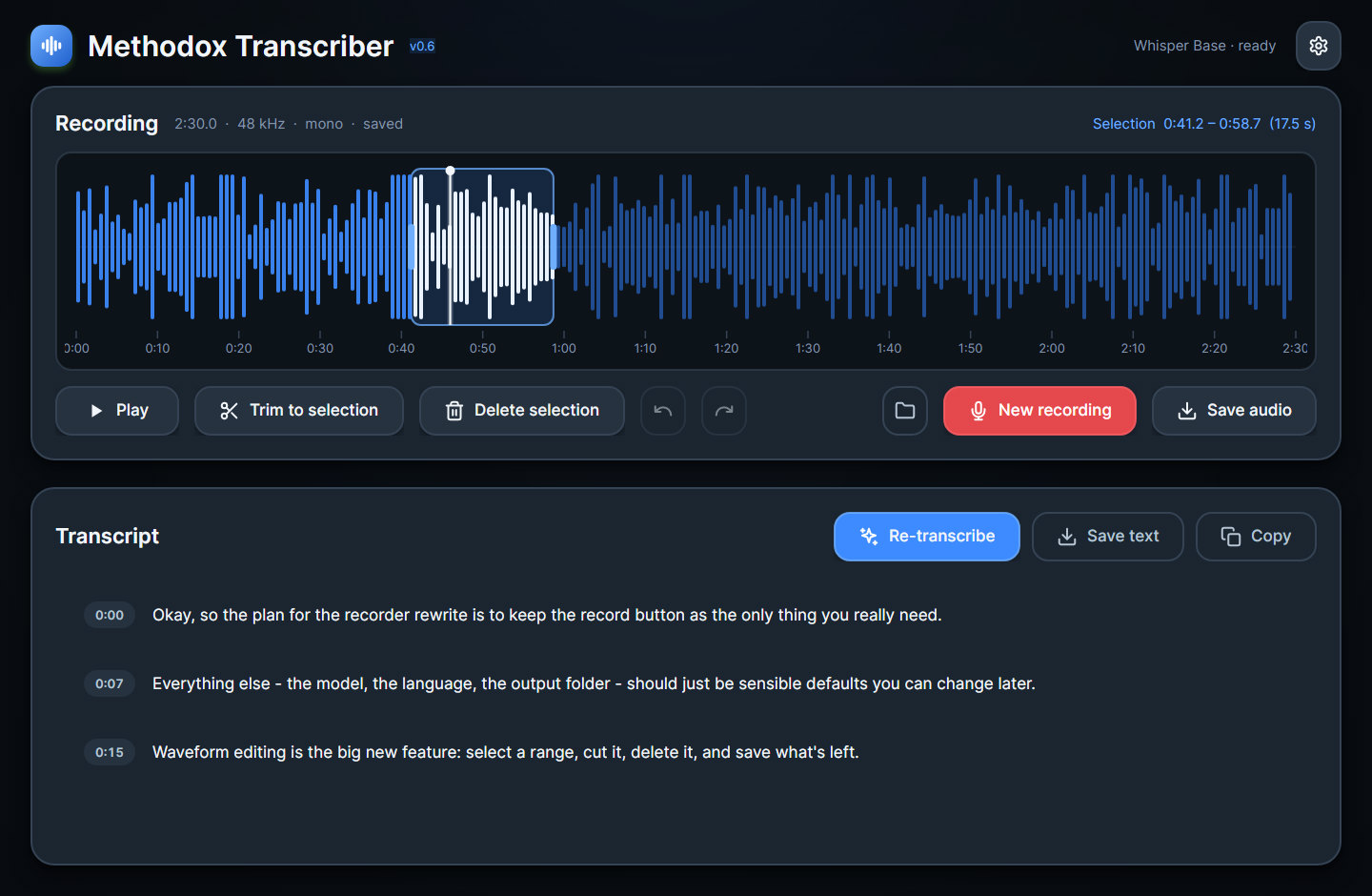 The Methodox Transcriber window: a waveform with a selected range and edit buttons above a timestamped transcript