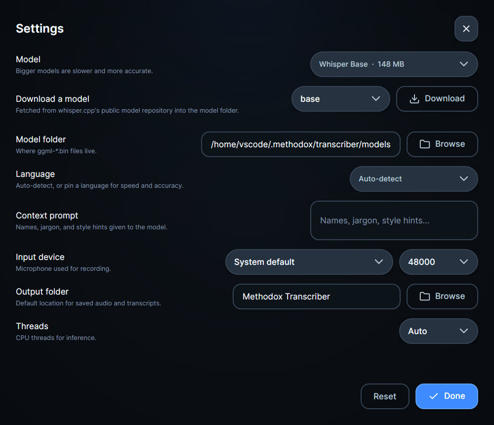 The settings window: model, language, context prompt, input device and output folder
